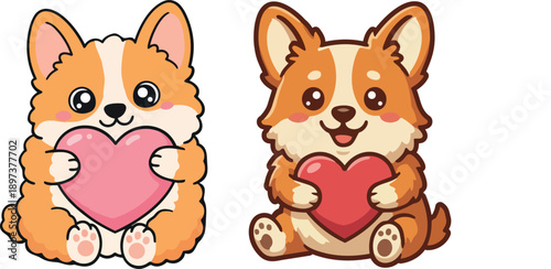 Adorable corgi dog illustrations holding hearts, perfect for valentine's day designs Vector