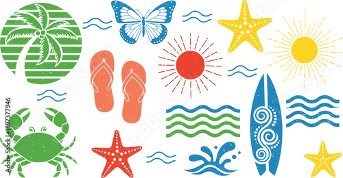 Summer beach icon set with palm tree, flip flops, sun, waves, starfish, surfboard, tropical vacation flat illustration design elements colorful