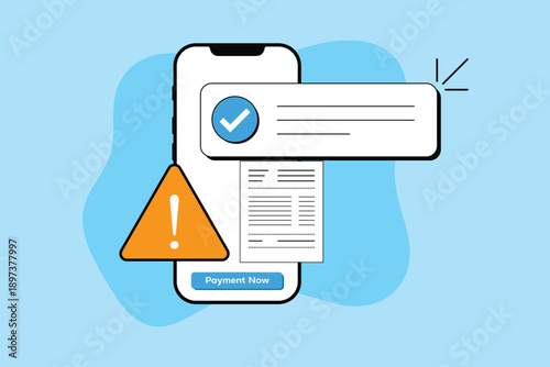 Minimalistic smartphone displaying payment successful with warning sign, online secure transaction concept. Secure online financial transactions user interface