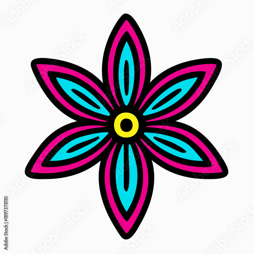 six-petal flower with cyan and dark blue teardrop accents, magenta borders, and yellow-black center on black background; part of the neon floral icons series.