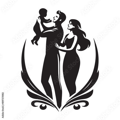 Happy family silhouette with father holding baby and mother admiring them in a decorative frame