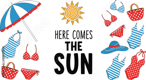 Summer beach illustration with swimsuits, bikinis, umbrella, sun, hats, bags, seaside vacation elements, colorful flat design poster