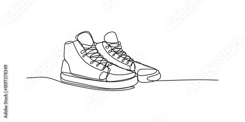 Minimalist continuous line art drawing depicting a pair of high-top sneakers illustration isolated on white background, Vector, illustration
