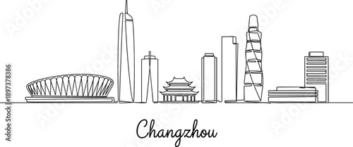 Modern continuous one line drawing of Changzhou China city skyline featuring minimalist architectural towers and stadium landmarks.