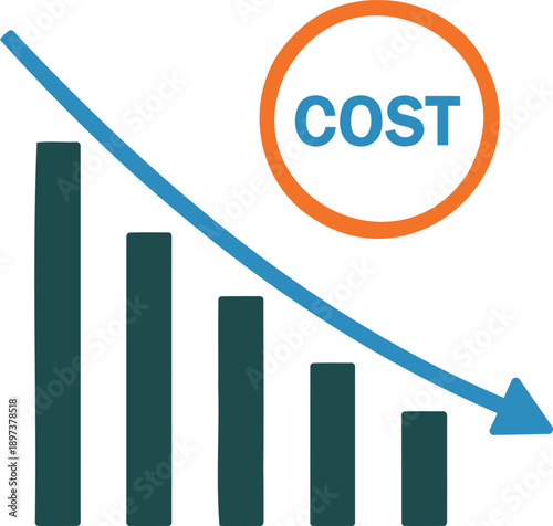 Decreasing cost bar chart with downward arrow graph