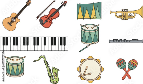Collection of various musical instruments displayed together on a white background from a straightforward viewpoint