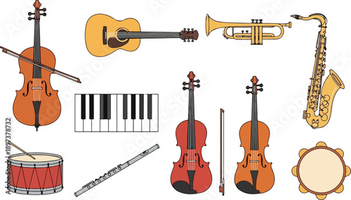 Assorted Musical Instruments Displayed Together in a Vibrant Collection
