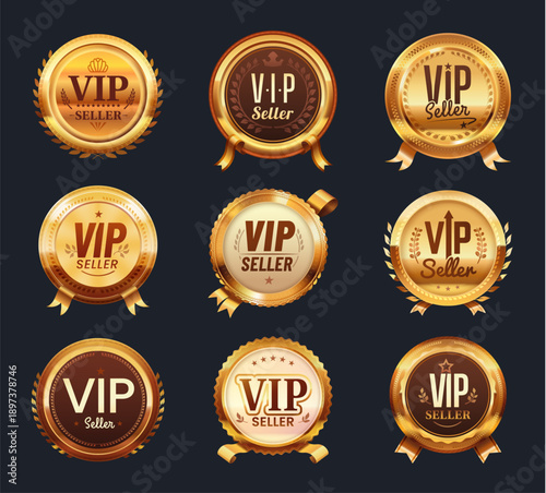 VIP seller vector golden labels, badges, luxury medals, tags and award seals with laurel wreaths or ribbons. Premium golden vector emblems, including VIP seller badges for elite product branding