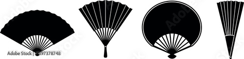 Black Silhouette Set of Traditional Oriental Folding Hand Fans and Japanese Paper Fans Isolated on White Background for Vector Design