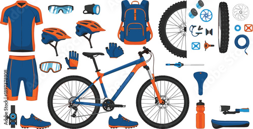 Professional mountain bike and cycling gear equipment set with jersey helmet backpack and accessories isolated on white.