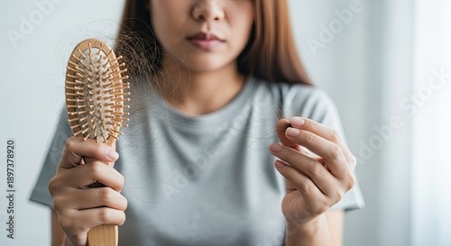 Worried woman faces hair loss problem by holding brush and hair in hand offering solutions for hair growth concerns