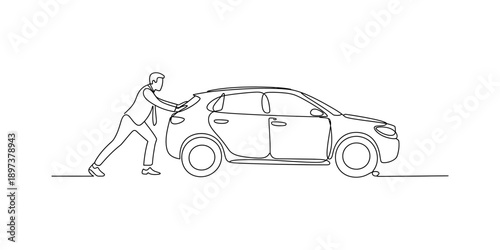 Businessman pushing a car in continuous line drawing style symbolizing effort and challenge isolated on white background, Vector, illustration