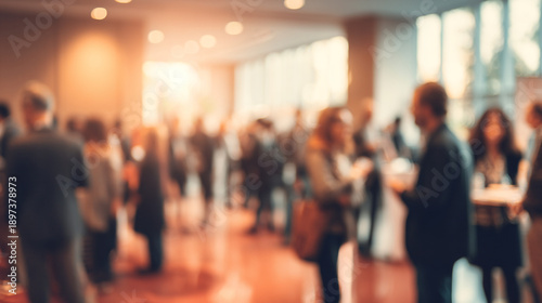 A blurry image of a large group of people socializing at a networking event