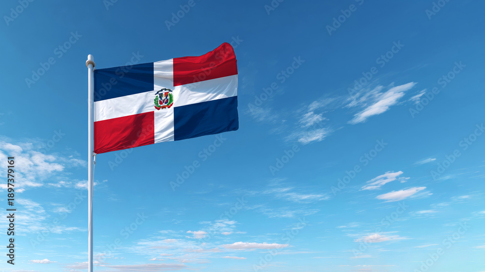 Naklejka premium Waving Dominican Republic flag against a clear blue sky on Flag Day celebrating national sovereignty
