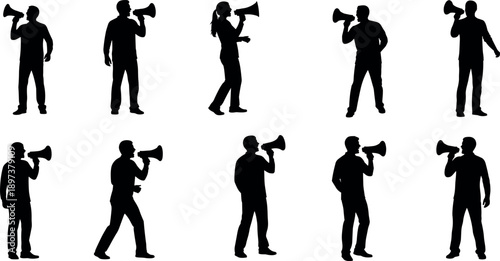 Collection of People Silhouettes Holding Megaphones and Bullhorns Shouting Protesting Announcing News and Communicating Messages for Marketing Advertising and Social Activism