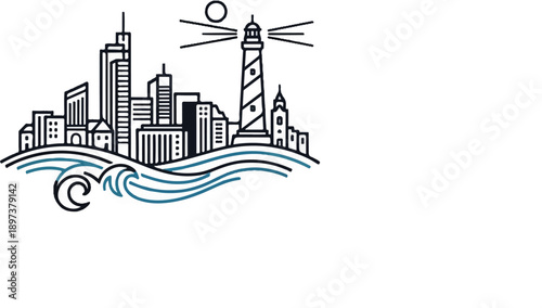 Coastal city skyline with a towering lighthouse and crashing waves below, minimalist line art illustration