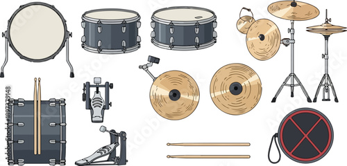 A collection of drum set components arranged neatly on a clean background, showcasing various drums and cymbals from a top-down viewpoint