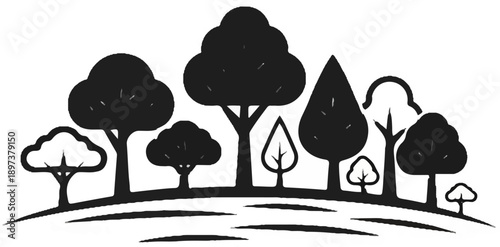 Cartoon illustration of a varied forest silhouette on a gentle hilly landscape in black and white