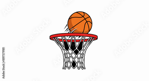 Vibrant illustration of an orange basketball entering a red hoop with net on a clean white background