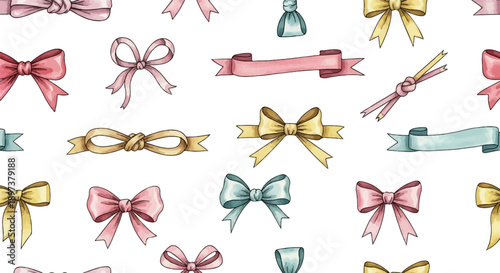 Seamless pattern of watercolor pastel bows and ribbons in various shapes on a white background, festive decor