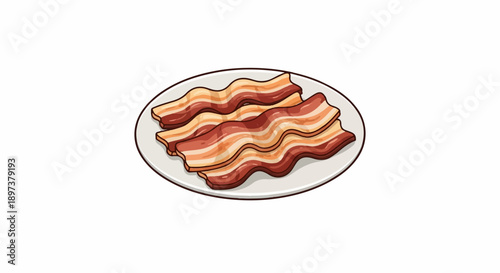 Three wavy, cartoon-style bacon strips, with rich brown and orange hues, served on a round white plate