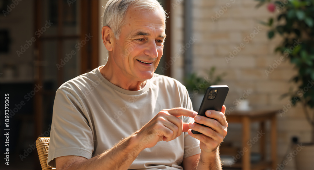 Fototapeta premium Senior man smiling while using smartphone at home during daytime 