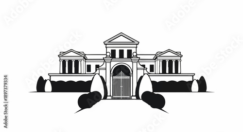 Black and white illustration of a neoclassical building with a central arch and ornate gate, surrounded by topiaries