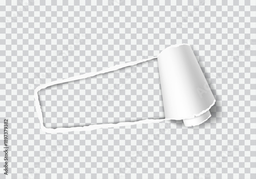Horizontal torn paper hole with rolled right edge, realistic ripped white paper revealing transparent background.