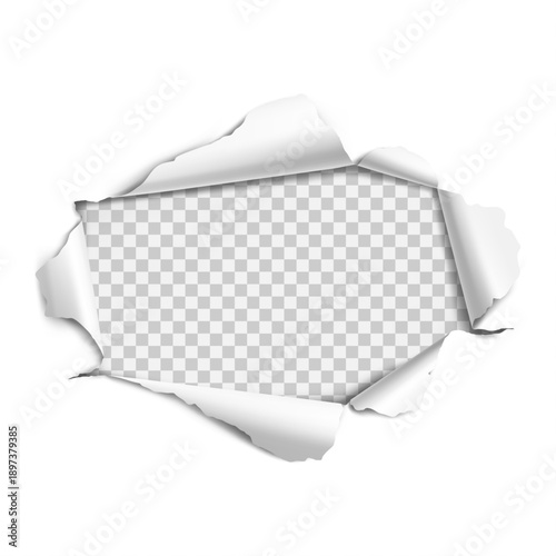 Torn paper hole with ripped edges revealing transparent background, realistic paper tear frame isolated on white.