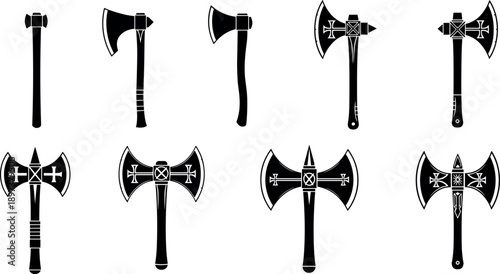 Medieval Battle Axe and Viking Hatchet Vector Silhouette Set Featuring Double Headed Labrys Warrior Weapons for Game Design and Heraldry