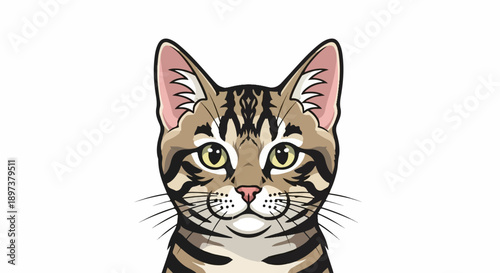 Stylized front-facing illustration of a tabby cat's head with green eyes and whiskers on a white background