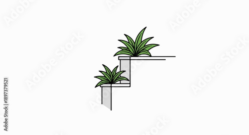 Stylized green plants on two grey tiered architectural ledges, minimal vector art on white