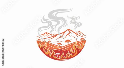 Stylized illustration of a volcanic landscape with smoking mountains, trees, and intense flames below