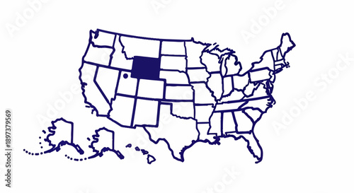 Simplified USA map illustration with dark blue outlines, highlighting one state and marking a location