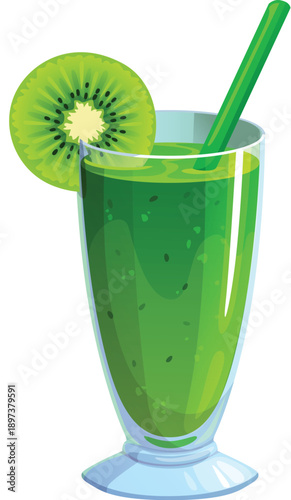 Green smoothie drink served in a tall transparent glass with straw and fresh kiwi slice garnish. Vector fresh fruity beverage, representing healthy and energizing nutrition, nutritious cocktail drink