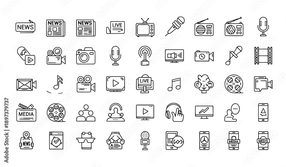 Εκτύπωση καμβά Modern Media Industry Line Icon Set for News and Entertainment