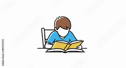 Simple illustration of a young person with brown hair and blue shirt sitting at a table, reading an open yellow book