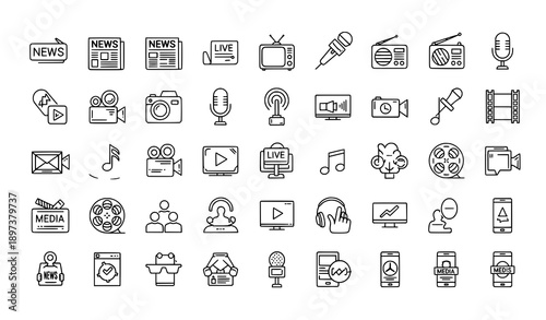Modern Media Industry Line Icon Set for News and Entertainment