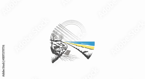 Stylized illustration of a beach path with benches, bare trees, and a sun-like sky element