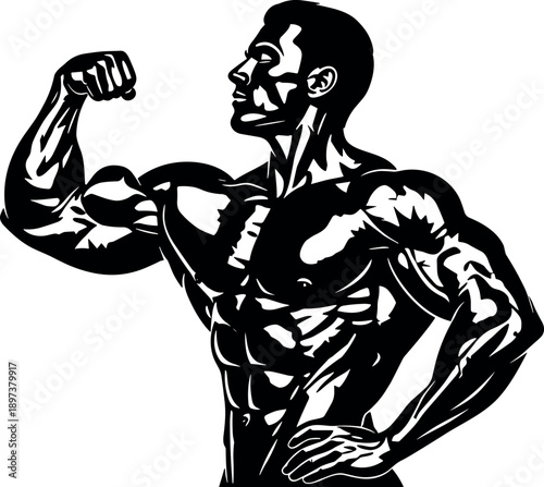 Powerful Male Bodybuilder Vector Illustration Featuring Muscular Biceps and Athletic Physique for Fitness Branding Gym Logo and Strength Training Concept