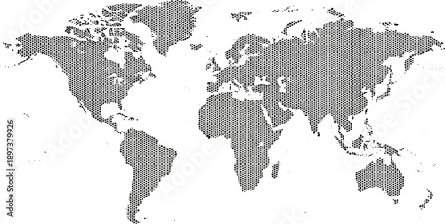 Stylized black and white world map composed of small hexagonal dots, showing global landmasses