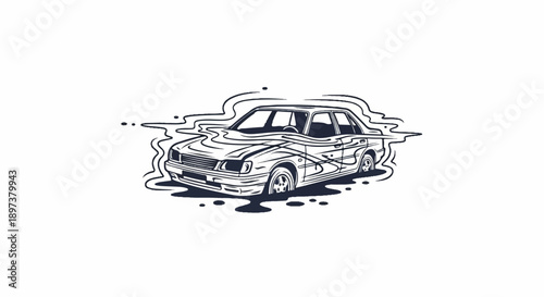 Distressed sketch illustration of a classic sedan car with wavy, dripping lines and grunge accents