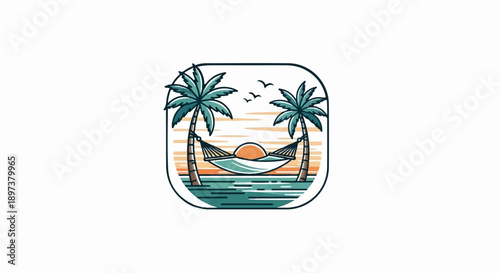 Illustration of a hammock strung between two palm trees over calm ocean water with a sunset sky