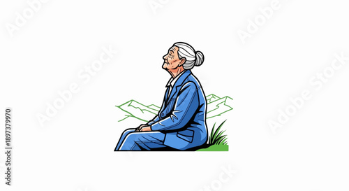 An elderly woman with a bun, wearing a blue suit, sits in grass, gazing upward at distant mountains