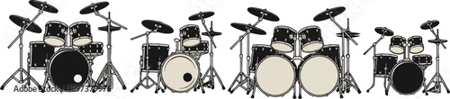 Vector illustration of four different drum kits with black drums and beige skins on a white background