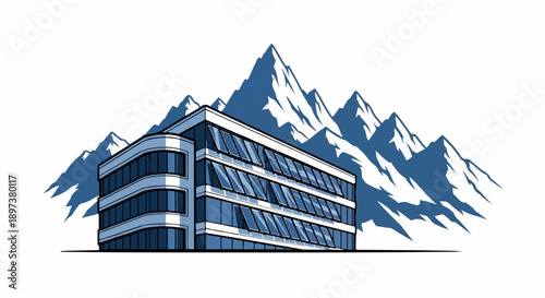 Stylized modern office building with large windows, set against a backdrop of blue mountain peaks