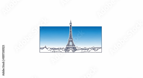 Line art illustration of a tall iconic metal tower against a blue gradient sky, with a city skyline
