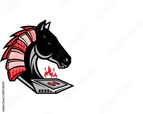 Stylized black horse head with a layered red and white mane, hovering over a grill with flames and two sausages