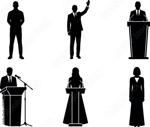 Professional Public Speaker Silhouettes Set Featuring Business Leaders Politicians and Orators Giving Speeches at Podium Lectern with Microphones and Gestures