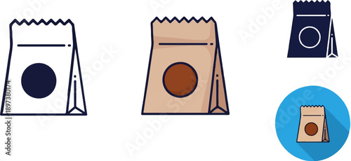 Set of stylized paper bag icons in outline, flat color, solid fill, and long shadow styles, with a circle